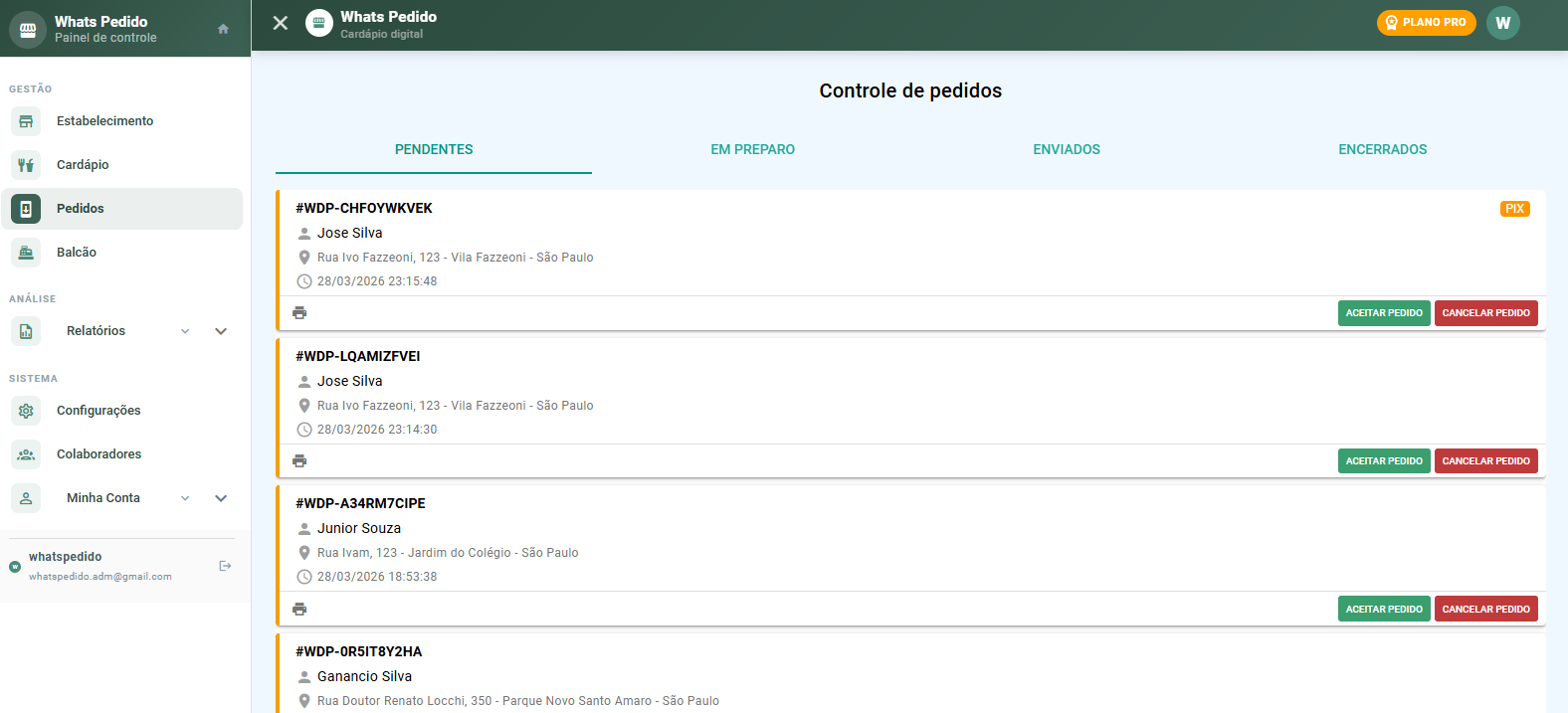 Tela de gerenciamento de pedidos do Whats Pedido com delivery e balcão